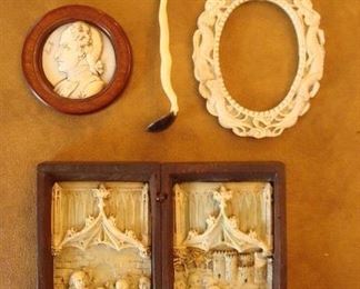 Collectibles-in Kitchen:  On the top left is an antique oval ivory bust of British Explorer "James Cook" (1728-1779) in a wooden frame .  He discovered and charted New Zealand and Great Barrier Reefs off Australia.  Its estimated age is 1780-1820.  Next is an antique whale tusk ladle with an actual coin as the bowl.  On the right is an antique carved oval frame ("as is").  On the bottom is a French "Pocket" Icon which shows Byzantine influence.  As shown open, it measures 6" x  6" and its hinges are made of rolled iron.  Its estimated age is circa 1680.
