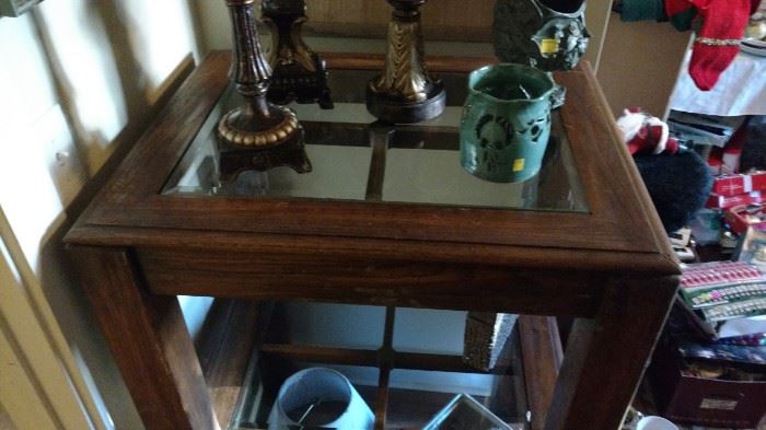 Pair of 70's wood and glass end tables (stacked to save space)