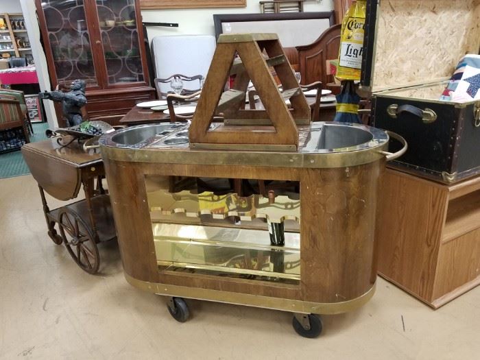 Spectacular solid wood & brass portable bar on casters