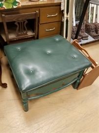  green leather padded top green painted wooden frame Ottomans 2 available