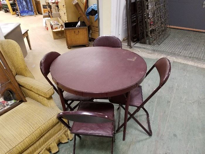 Mid-century modern vinyl top metal frame card table and 4 matching chairs