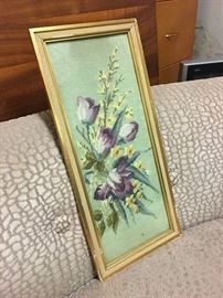 Vintage framed needlepoint of purple tulips and forsythia