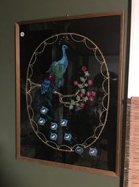 Velvet and embroidered framed peacock picture