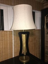 Mid-century modern wood and brass table lamp with newer shade, new wiring and new finial