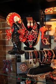 Vintage costume jewelry galore, all 50% off! Also, a pair of mid-century Asian Hedi Schoop figurines.