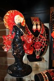 Vintage costume jewelry galore, all 50% off! Also, a pair of mid-century Asian Hedi Schoop figurines and a 1930s Asian man figurine.