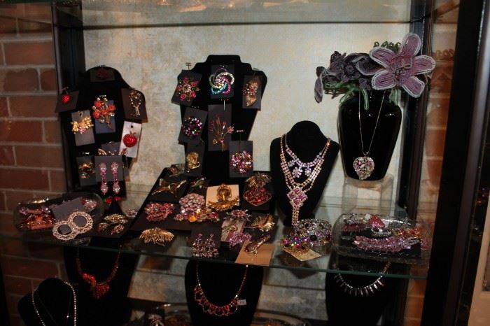 Vintage costume jewelry galore, all 50% off! Also, antique beaded flowers from France.