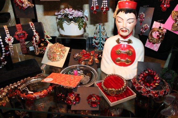 Vintage costume jewelry galore, all 50% off! Also, a 1930s Asian man figurine.