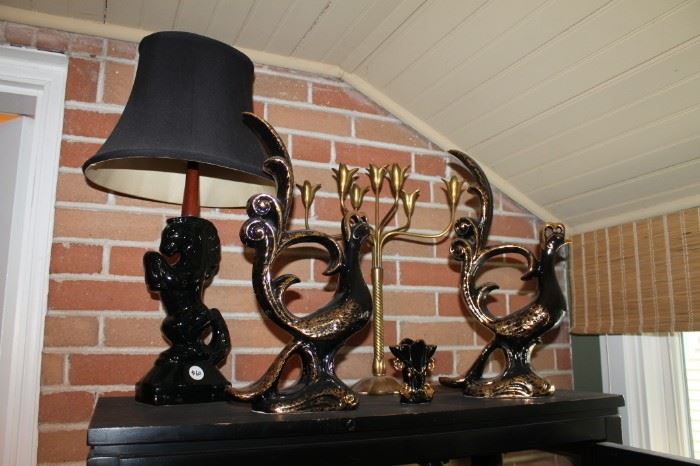Mid-century modern horse lamp with newer shade, new wiring and new finial, pair of mid-century modern bird figures (one is as-is)