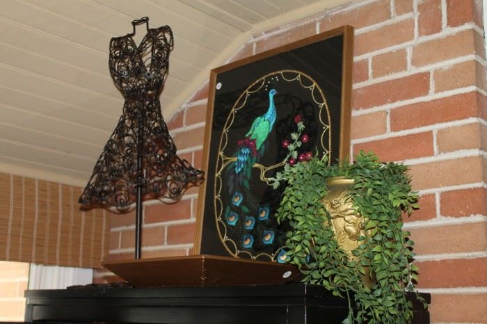 Display on left is NOT for sale, peacock picture has SOLD, antique vase is available