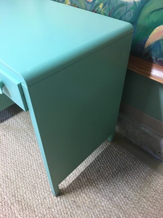 Art Deco metal desk professionally powder coated and not used since then. The actual color is more green than the photo shows.