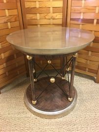 Merchandise Mart side table with metallic and faux bois finishes