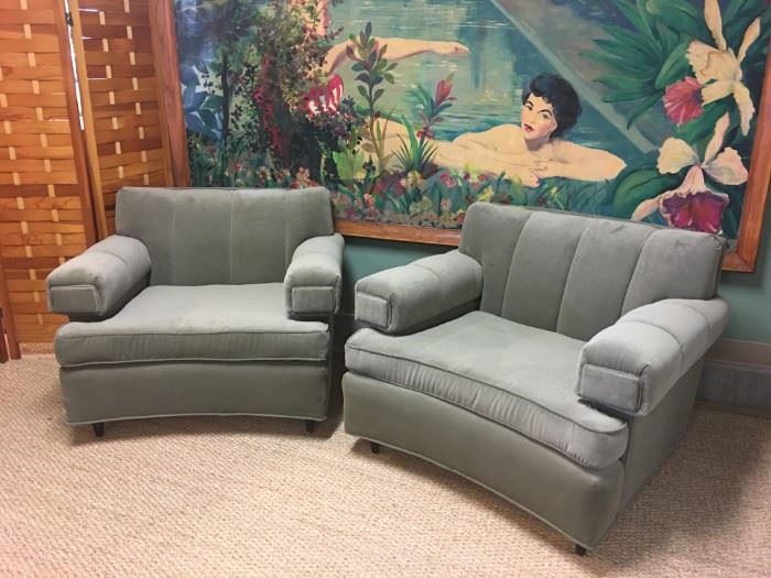 Pair of 1950s club chairs professionally reupholstered in a soft sage green fabric. Great quality and so comfortable!