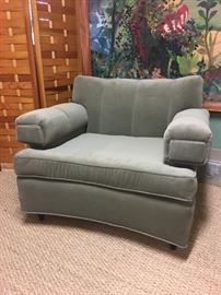Pair of 1950s club chairs professionally reupholstered in a soft sage green fabric. Great quality and so comfortable!