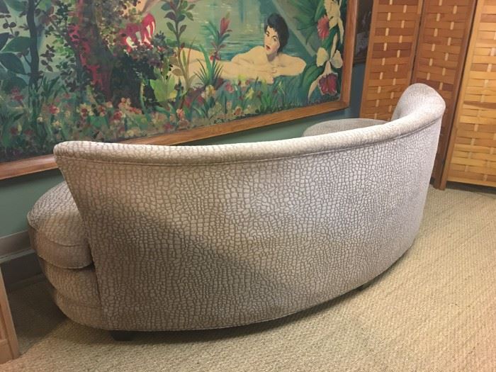 1950s kidney-shaped sofa professionally reupholstered in a champagne color crocodile print chenille. Great quality and heavy!