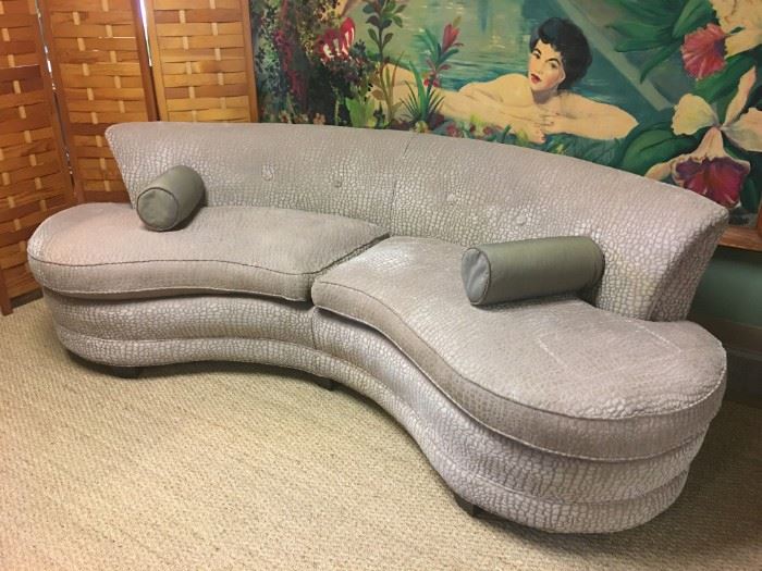 1950s kidney-shaped sofa professionally reupholstered in a champagne color crocodile print chenille. Also included - the pair of professionally fabricated bolster pillows. Great quality and heavy!