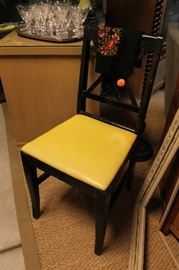 Cerused wood side chair with yellow vinyl seat