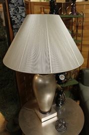 Merchandise Mart table lamp with metallic accents and string shade