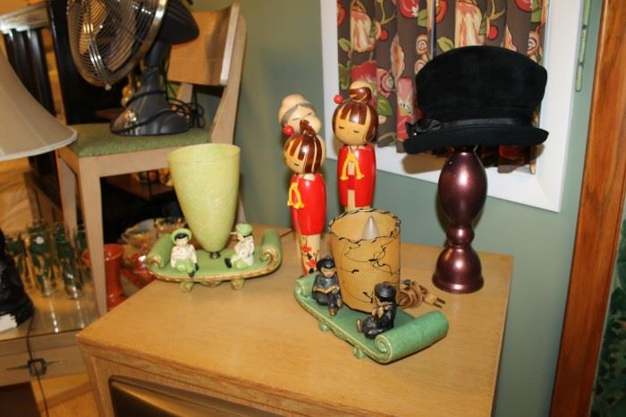 Kokeshi dolls and TV lamp on left are SOLD, hat stand is display and NOT for sale
