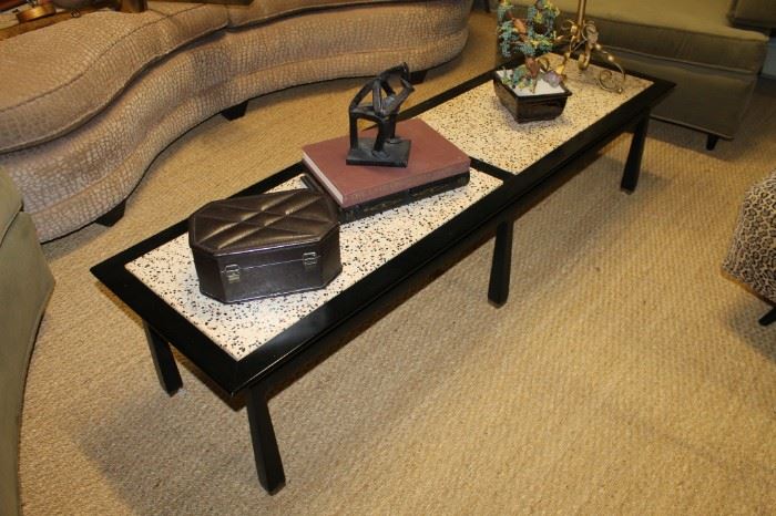 Mid-century Asian black lacquered wood coffee table with stone inserts made in Portugal, thinker figure made of railroad spikes, French beaded Bonsai tree