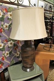 1960s "tiger stripe" lamp with newer shade, large 3-way bulb