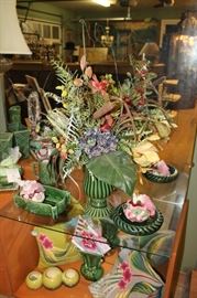 Tropical floral arrangement in vintage-inspired vase