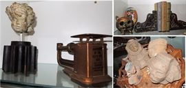 old copper postal scale, old Mayan stone figures, children's books, and other old decor