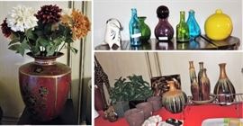 Glass vases and bottles, urns and artificial plants