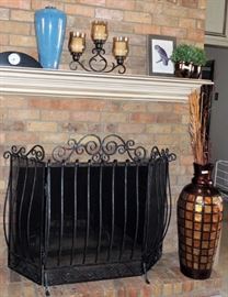 Heavy iron fireplace screen, candles, vases, candle holders, clocks