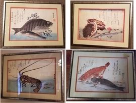 Oriental shellfish and fish framed art