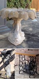 Garden decor. Koi fish base, cement bird bath - statue - Sewing machine treadle base table