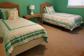Twin bedroom set - like new mattresses - Wicker headboards and tables - Pottery Barn Teen bedding