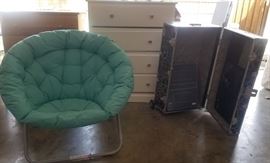 Nude wood dresser, white dresser, teal teen chair, camp trunk with wheels