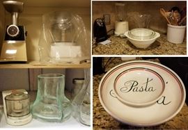 Cuisinart chopper/mider with pasta attachment, pasta bowls, small chopper, vases and small kitchen appliances