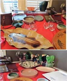serving trays and bowls, Corning warmer, pitchers, glasses and a collection of colorful cloth napkins