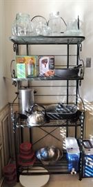 baker's rack / shelf, storage, glass pitchers and large vases, baking supplies, Brita and storage containers