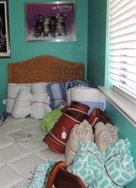 twin linens, mattress covers, down filler, sheets, blankets, comforters and throw pillows.  Framed kitten poster