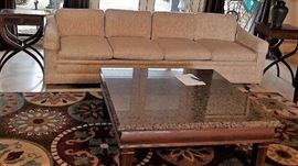 Mid-century 4-cushion sofa set.  Inlaid table set. Colorful large rug