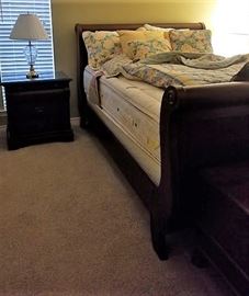 Queen sleigh bed.  Side table set. Waterford lamp set