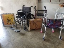 Travel wheel chair, 2 Rollator walkers, standard walker, 4 folding chairs