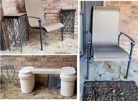 Outside arm chairs, cement bench, side tables