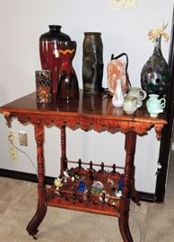 Carved Victorian side table, unique vases and planters, old pitchers and glass birds