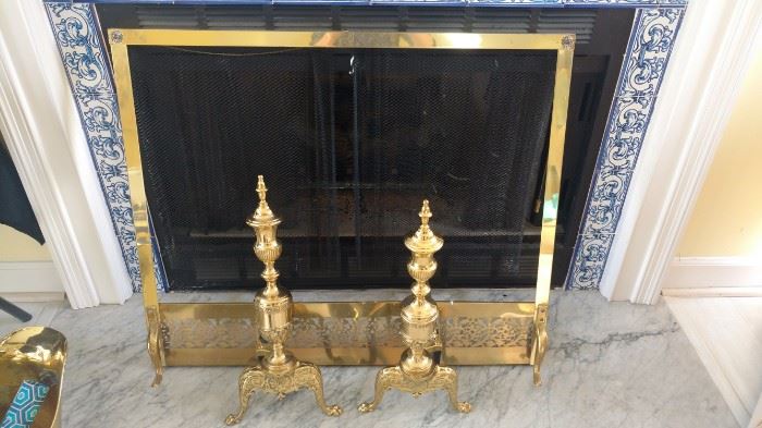 Brass andirons and screen