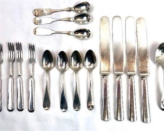 Sterling & Silver plate including sterling sugar spoon, 4 sterling L. Kimball & Sons, 3 coin silver Gilbert Spoons, Reed & Barton silver plated knives