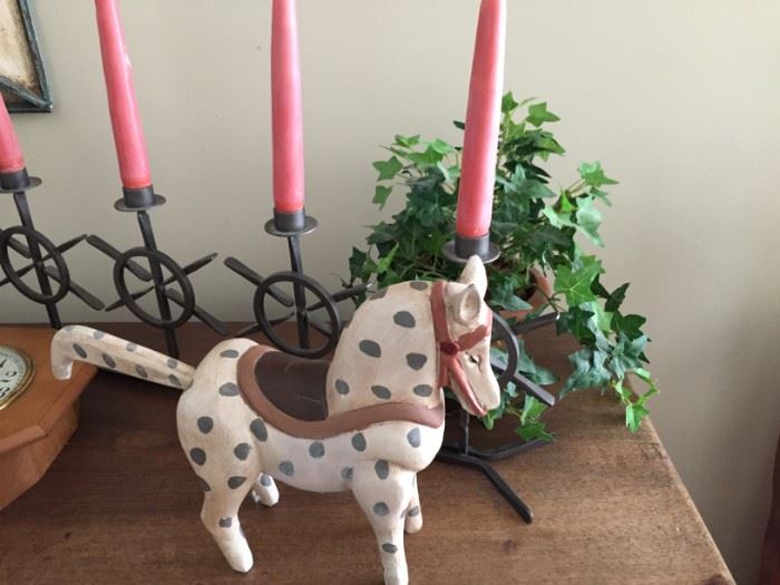 Candlestick Holders and Wooden Horse.