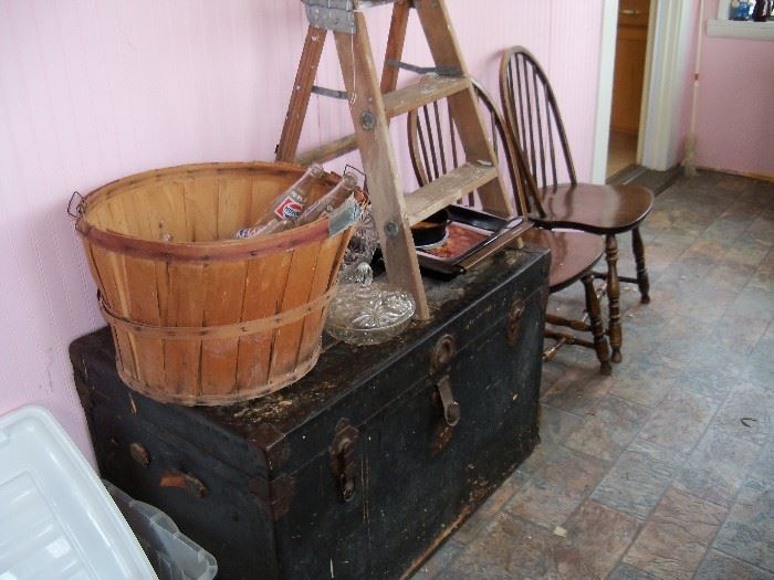 Old footlocker/trunk, bushel basket of pepsi bottles, small step ladder.