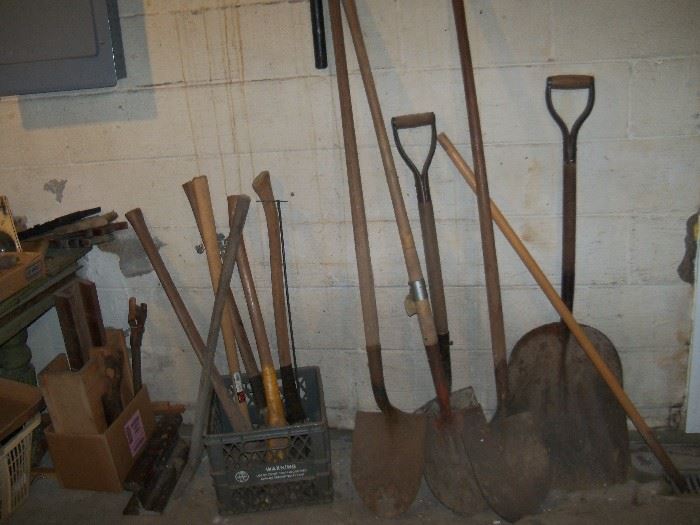 Shovels, axes, mitre boxes and saws etc.