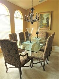 Large Glass Top Dining Table with Pair of White Fluted Corinthian Base and 8 Upholstered Chairs