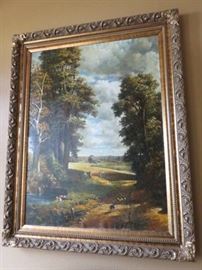 Antique Country Landscape Oil Painting on Canvas Artist Signed, Burnez