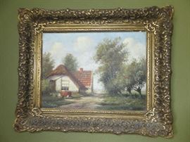 Antique European Farm Cottage Oil Painting, Artist Signed H Sanders. Marked on the backside,  De Gouden Eeuw Rotterdam 
